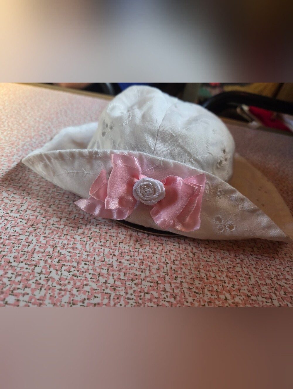 Eyelet Lace Baby Bonnet Sun Hat Pink Coquette Ribbon Bow Cotton Cream OS